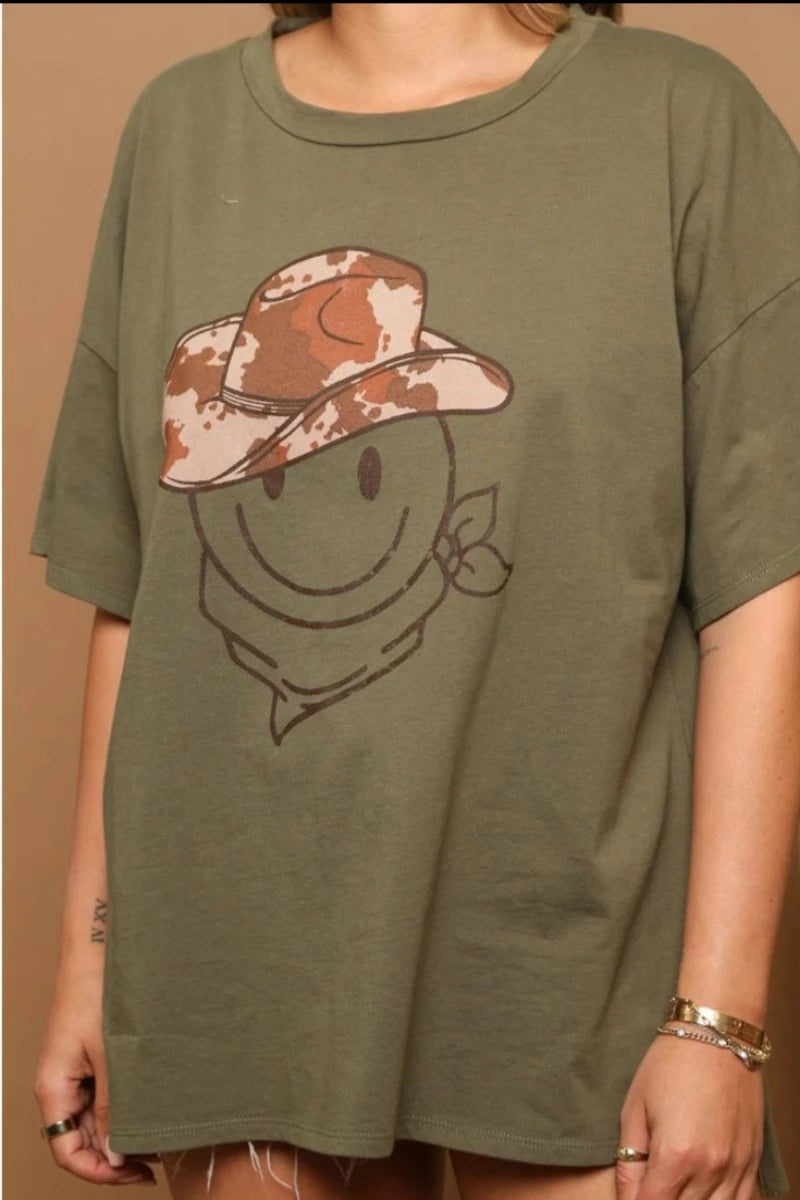 Smiley Face Graphic Tee Olive
